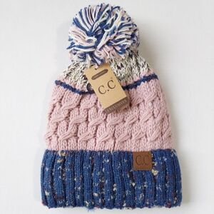 Womens Beanie Hat Pink Cable Knit Hat Winter Lined Pom Soft 100% Acrylic